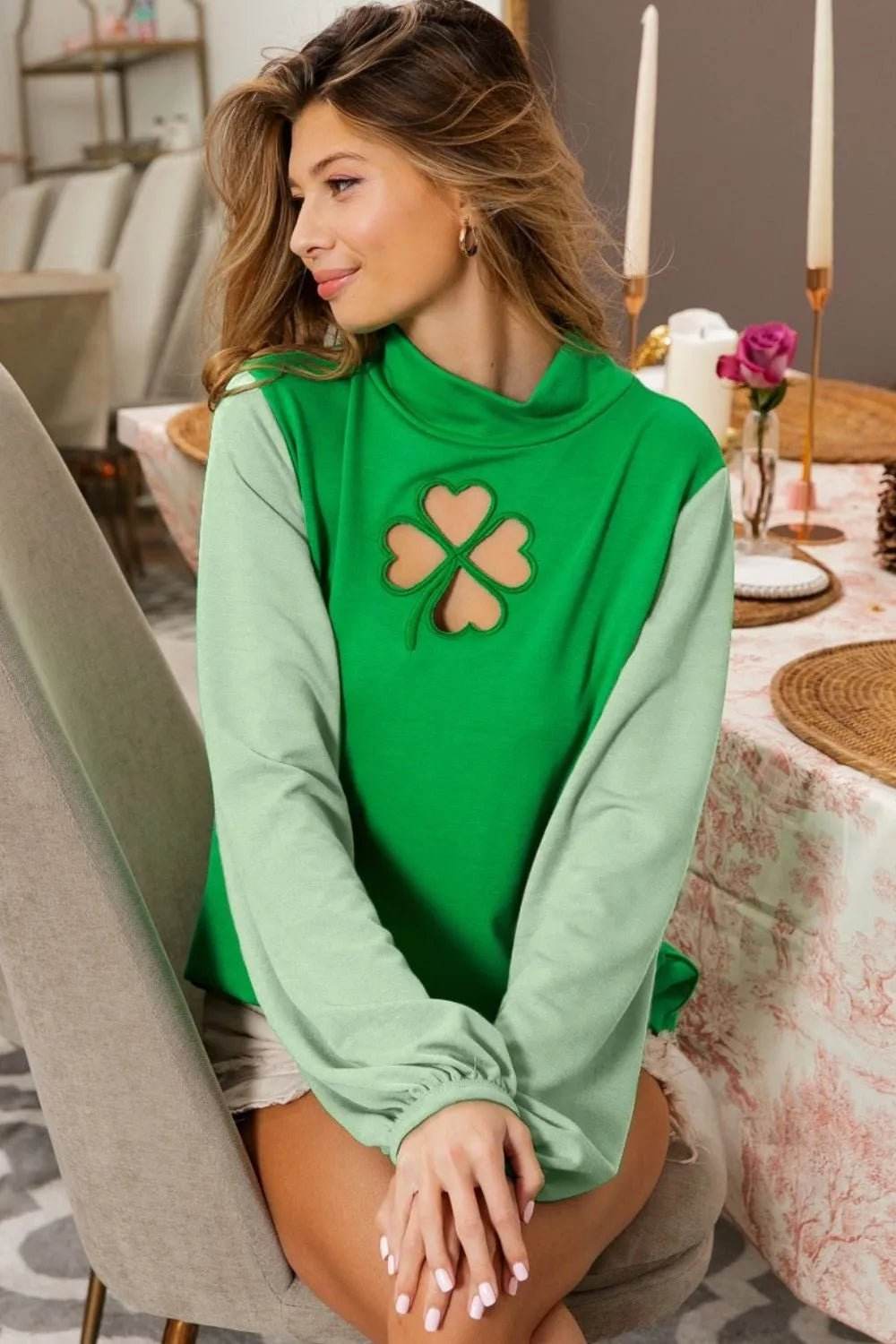 Color Block Puff Sleeve Top with Clover Cut Out - EBYNN