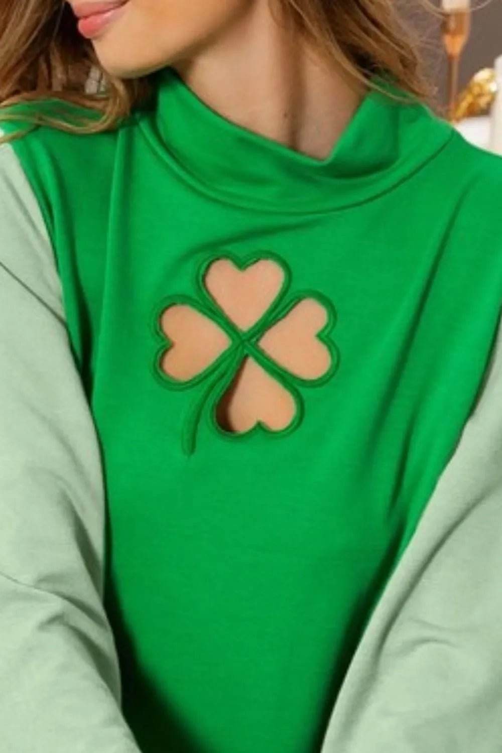 Color Block Puff Sleeve Top with Clover Cut Out - EBYNN