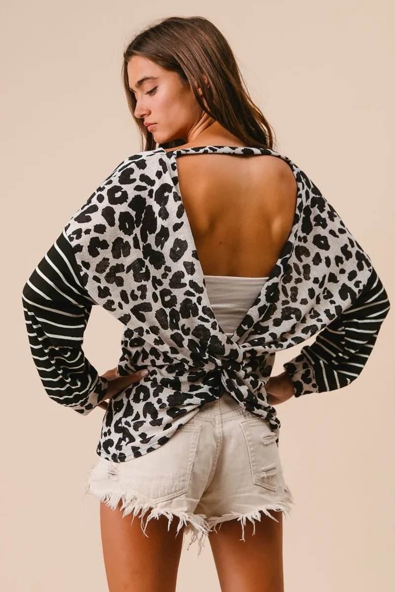 Leopard Knit Top with Twist Back and Striped Sleeves for Stylish Comfort - EBYNN