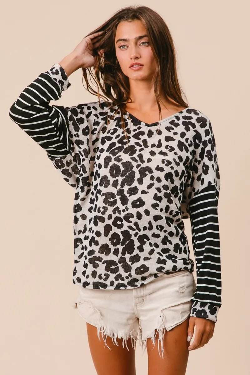Leopard Knit Top with Twist Back and Striped Sleeves for Stylish Comfort - EBYNN
