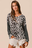 Leopard Knit Top with Twist Back and Striped Sleeves for Stylish Comfort - EBYNN