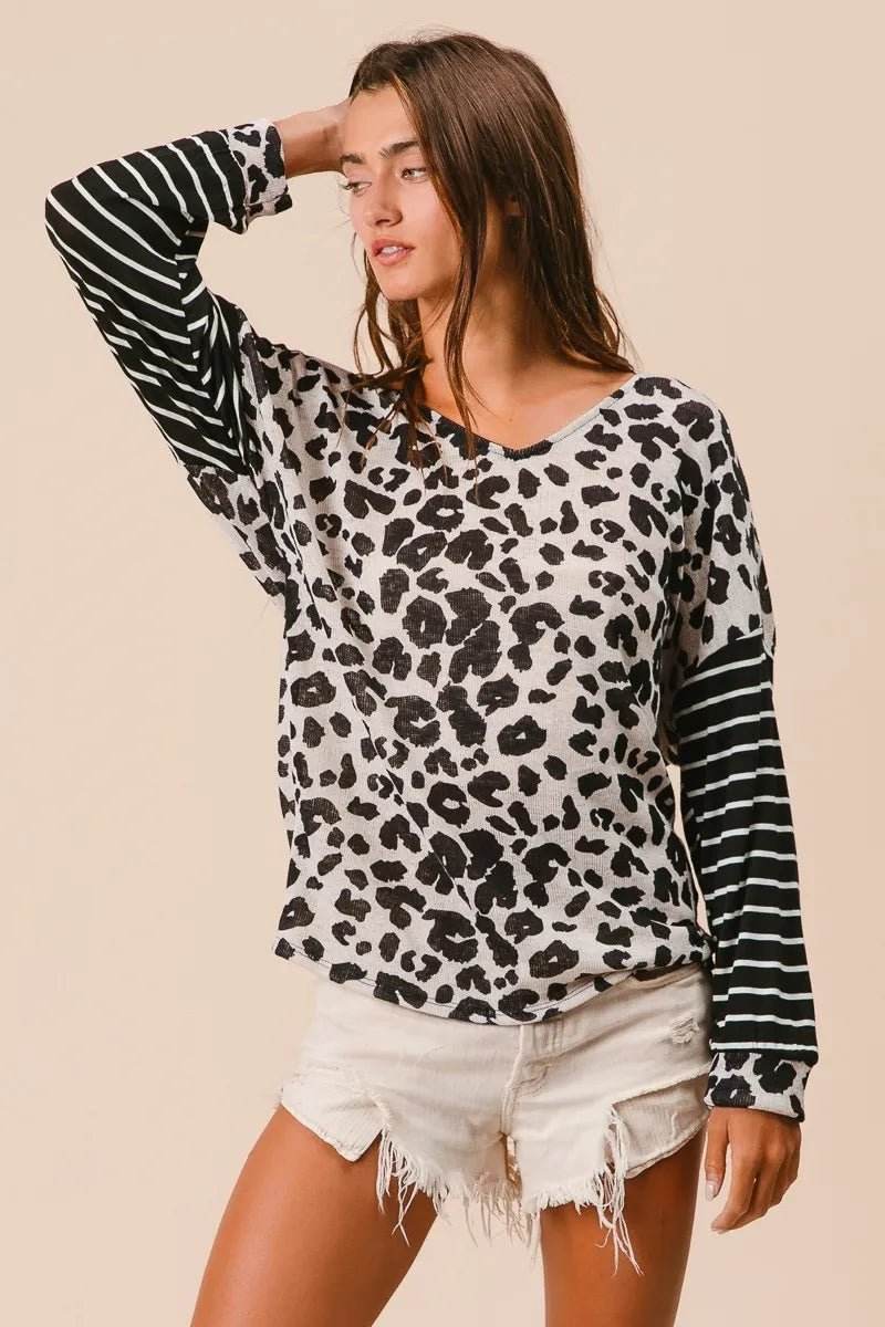 Leopard Knit Top with Twist Back and Striped Sleeves for Stylish Comfort - EBYNN
