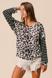 Leopard Knit Top with Twist Back and Striped Sleeves for Stylish Comfort - EBYNN