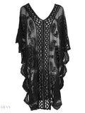Lace V-Neck Cover Up Sheer Beach Dress - EBYNN