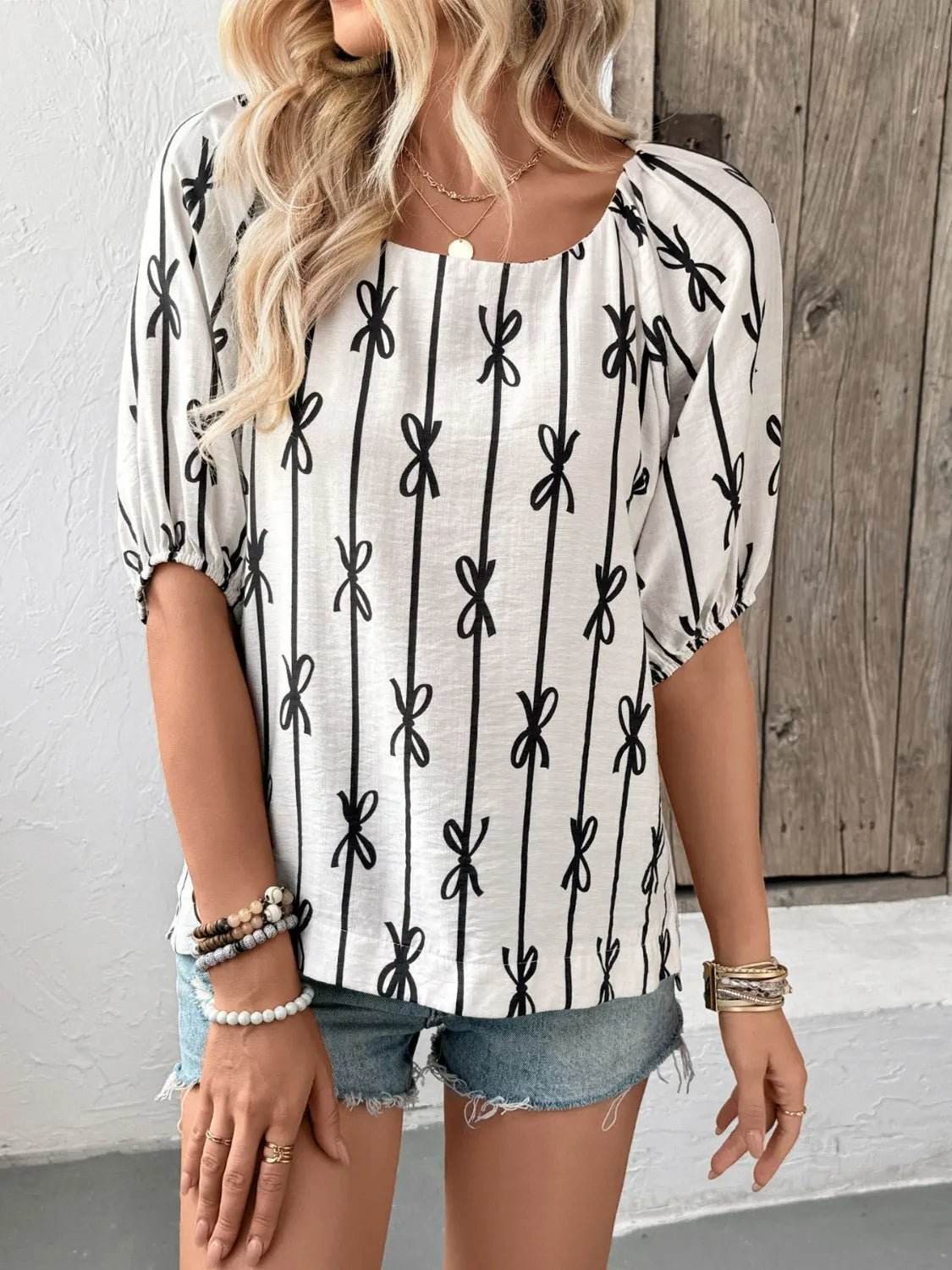 Bow Print Blouse with Puff Sleeves - EBYNN