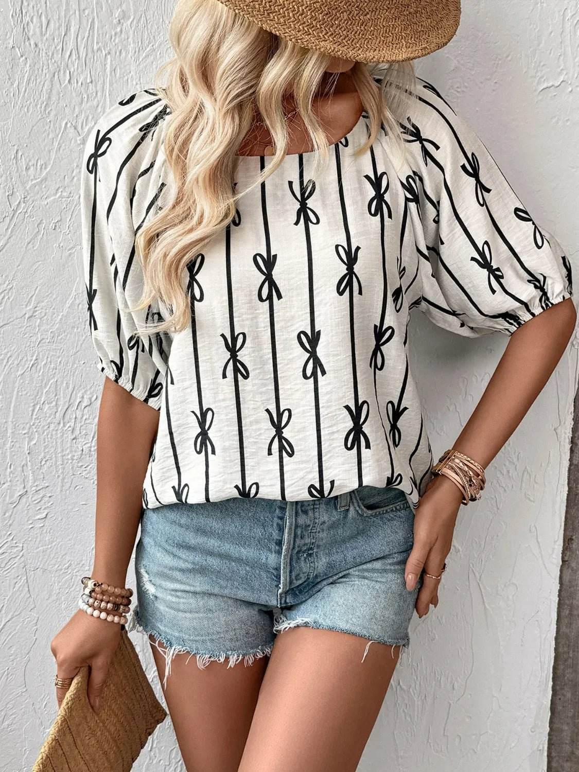 Bow Print Blouse with Puff Sleeves - EBYNN