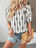 Bow Print Blouse with Puff Sleeves - EBYNN