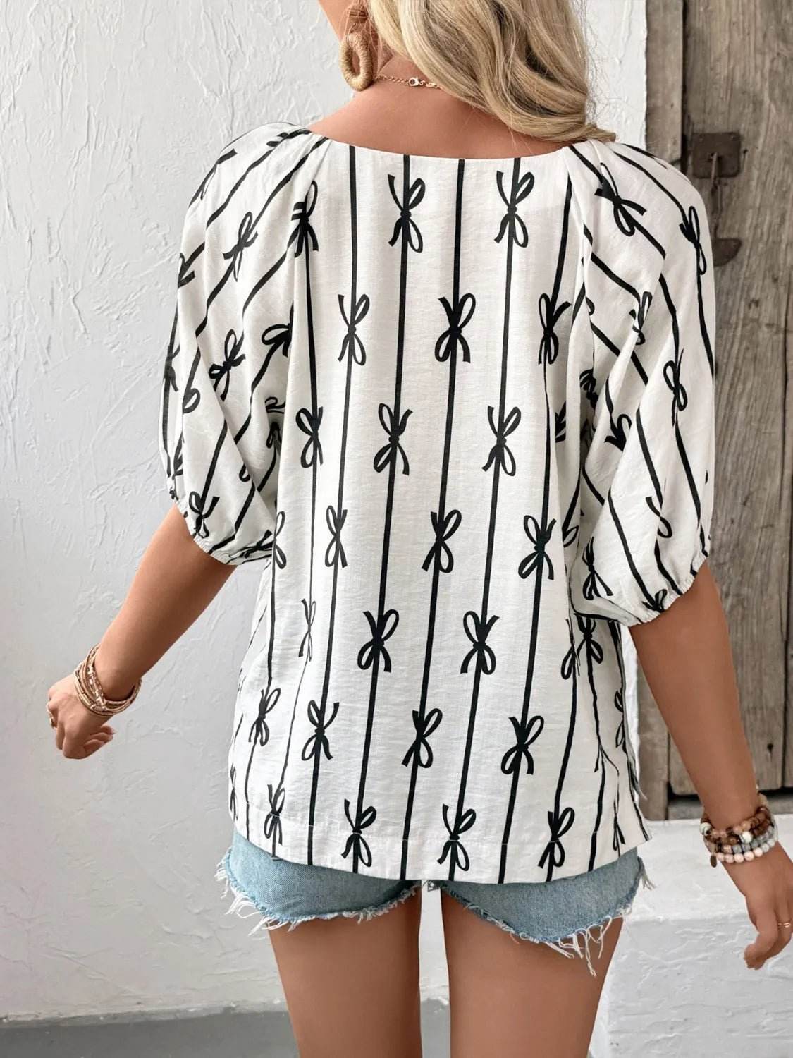 Bow Print Blouse with Puff Sleeves - EBYNN