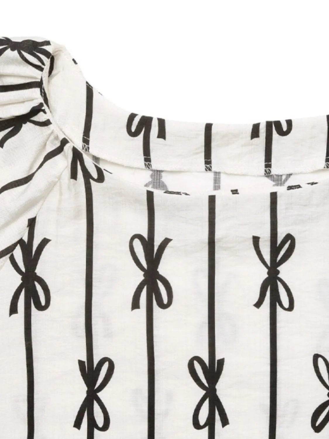 Bow Print Blouse with Puff Sleeves - EBYNN