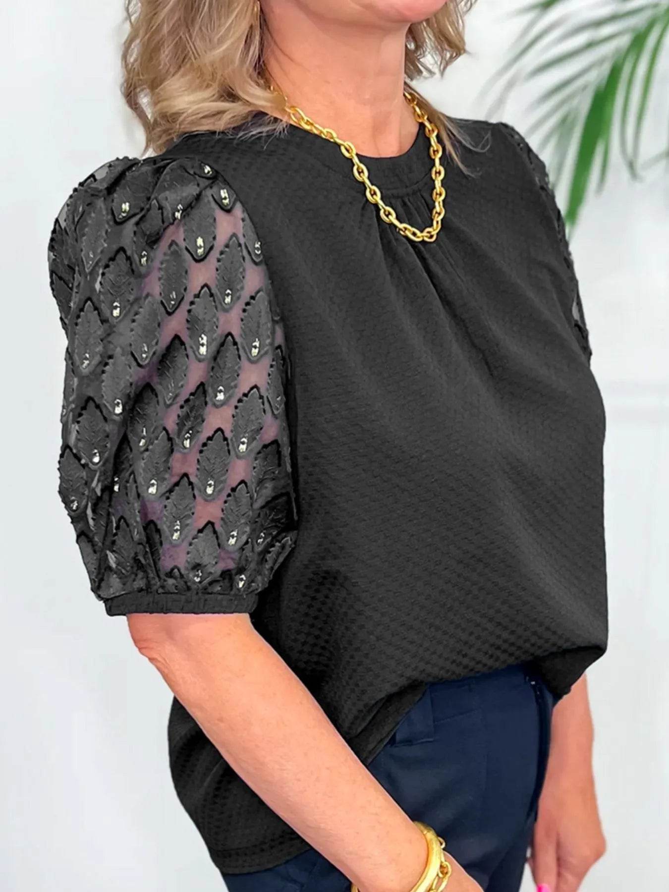 Bubble Sleeve Blouse - Patchwork Textured Fashion Top - EBYNN