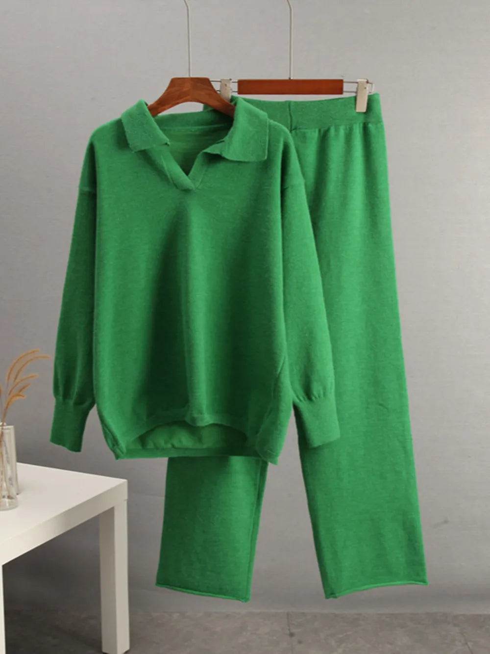 Johnny Collar Long Sleeve Top and Pants Sweater Set - EBYNN