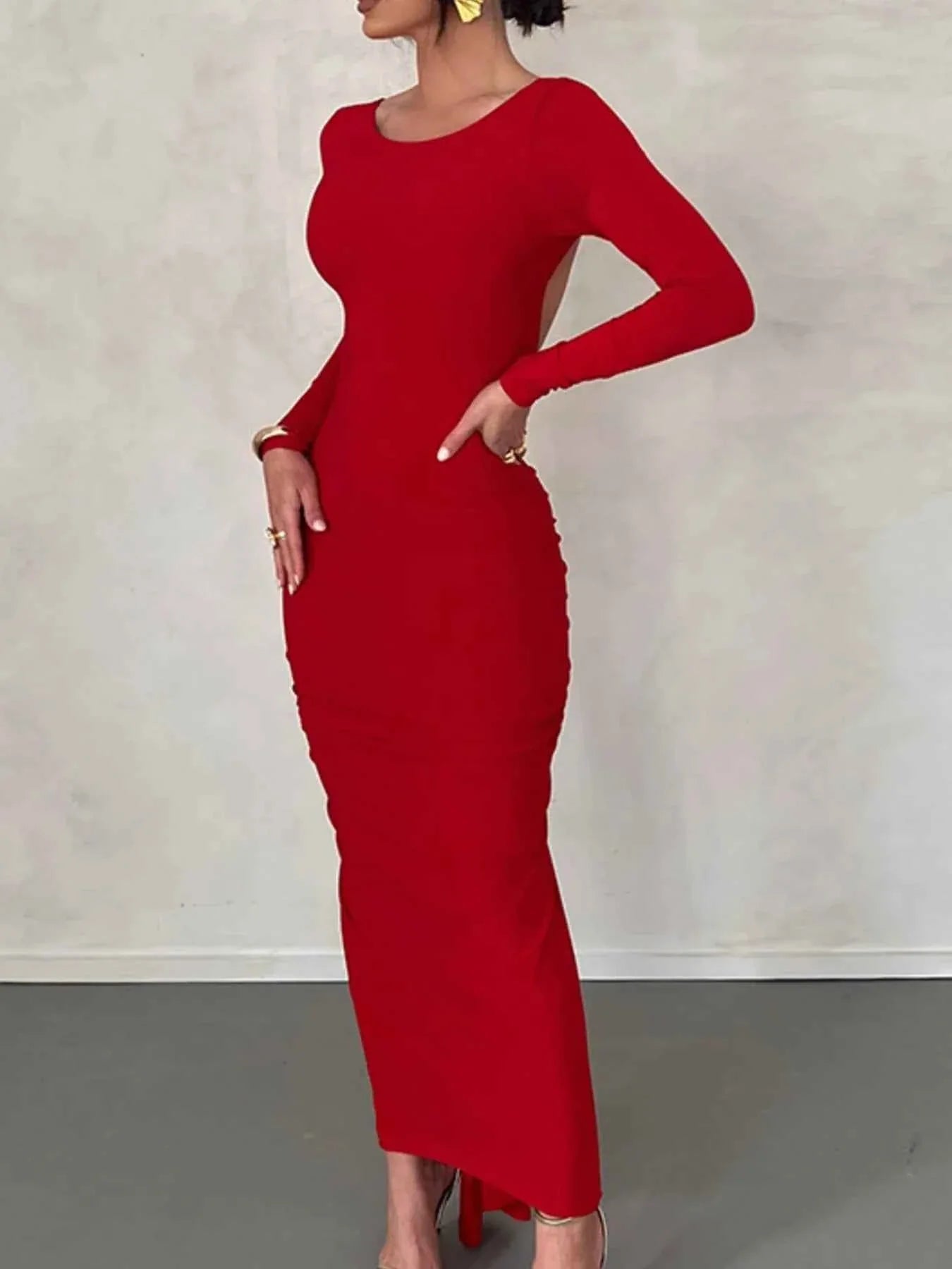 Backless Ruched Long Sleeve Maxi Dress.