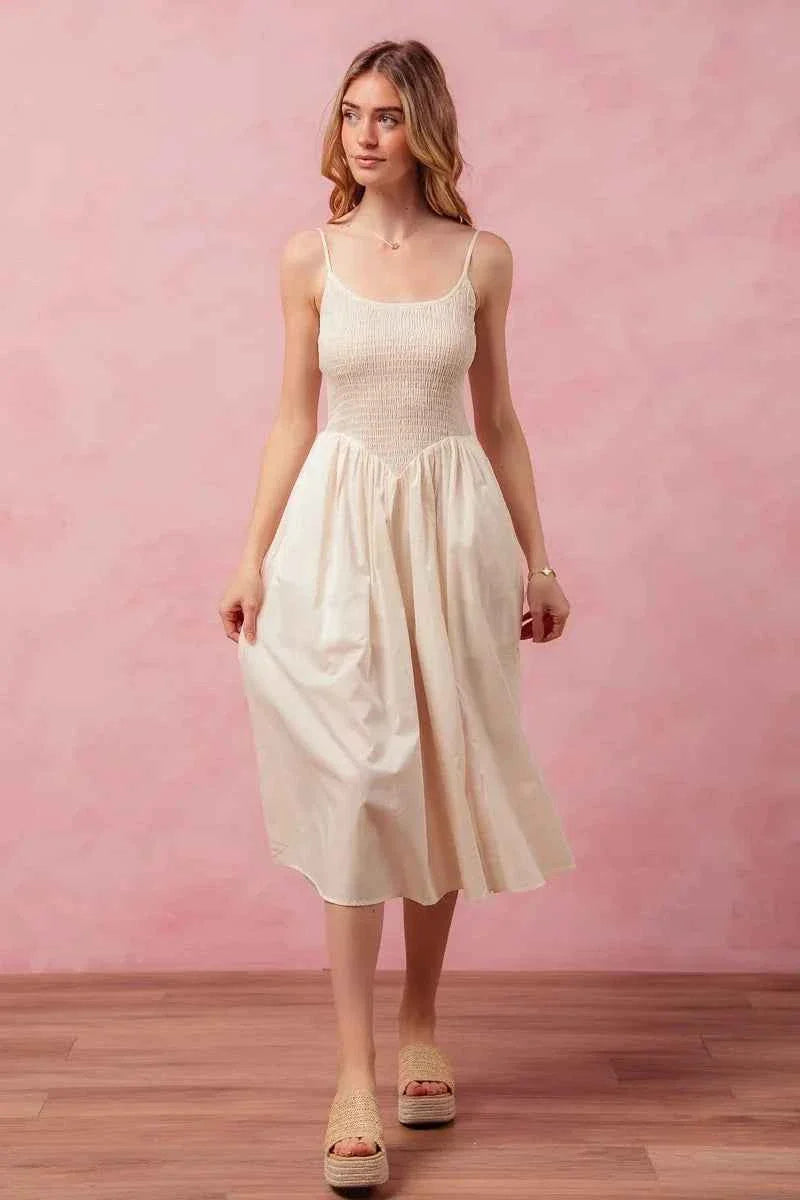 SO ME Smocked Sleeveless Midi Dress with Slit.