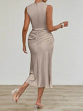Ruched Round Neck Sleeveless Midi Dress.