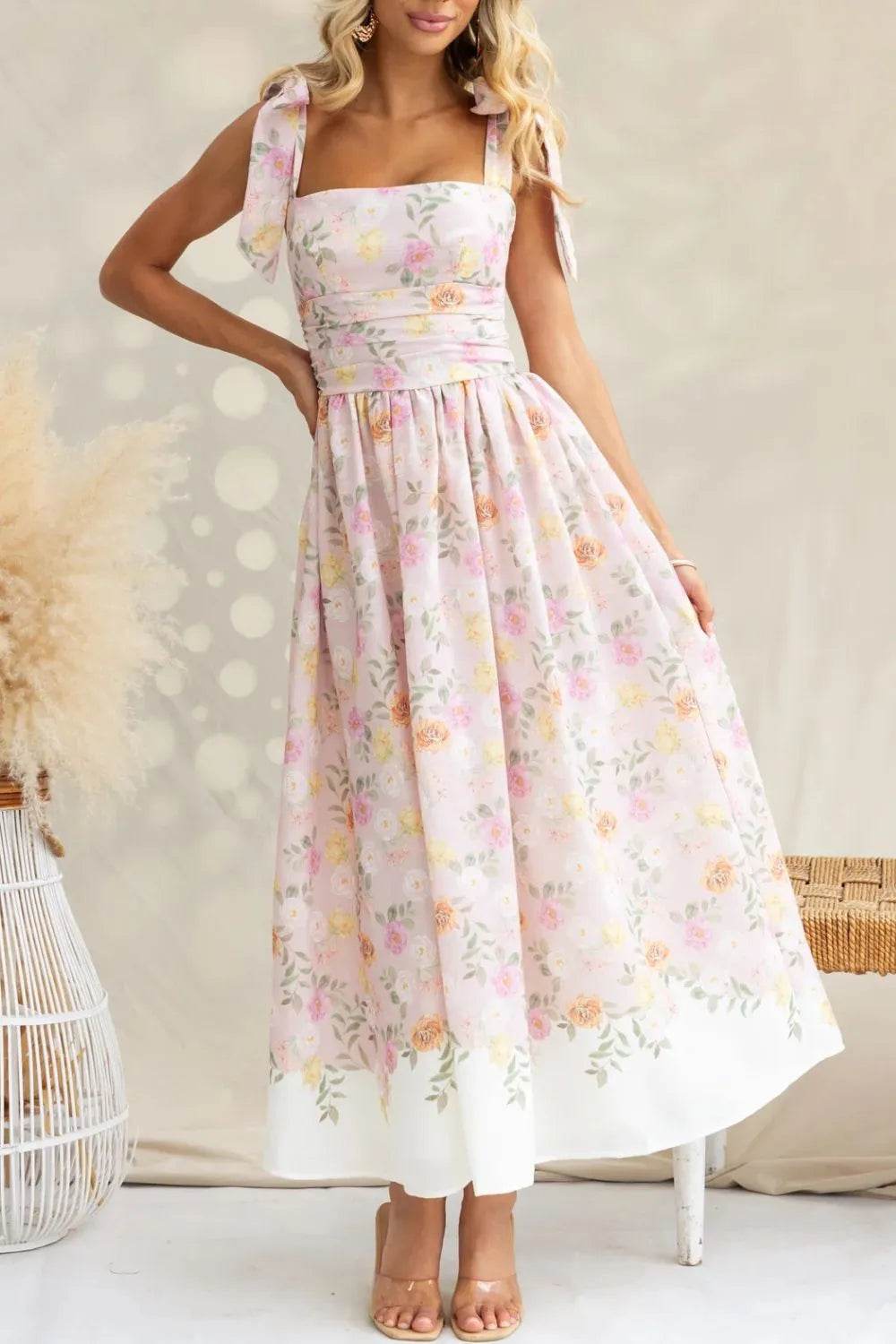 Printed Tie Shoulder Midi Cami Dress.