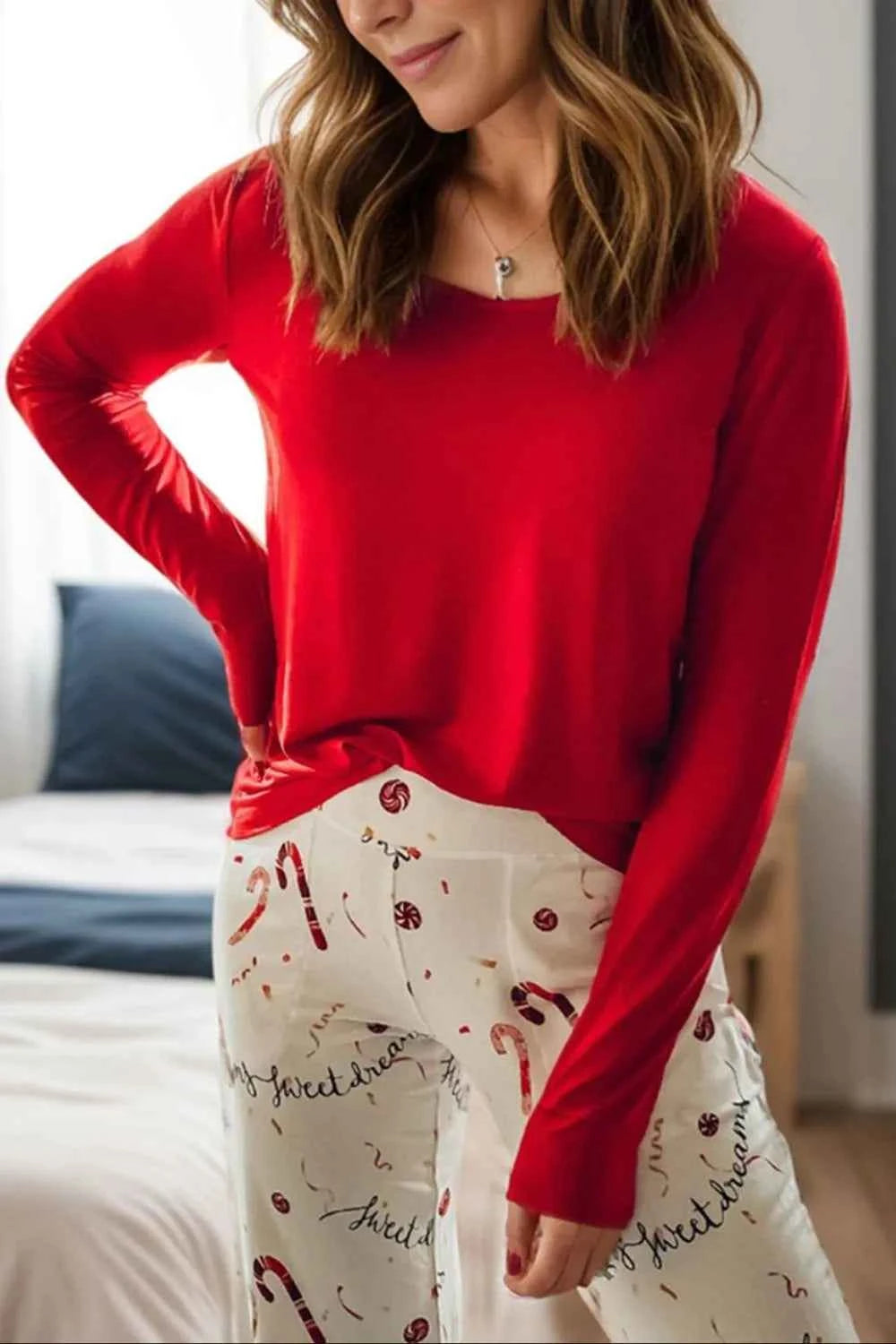 Round Neck Long Sleeve Top and Printed Pants Lounge Set.