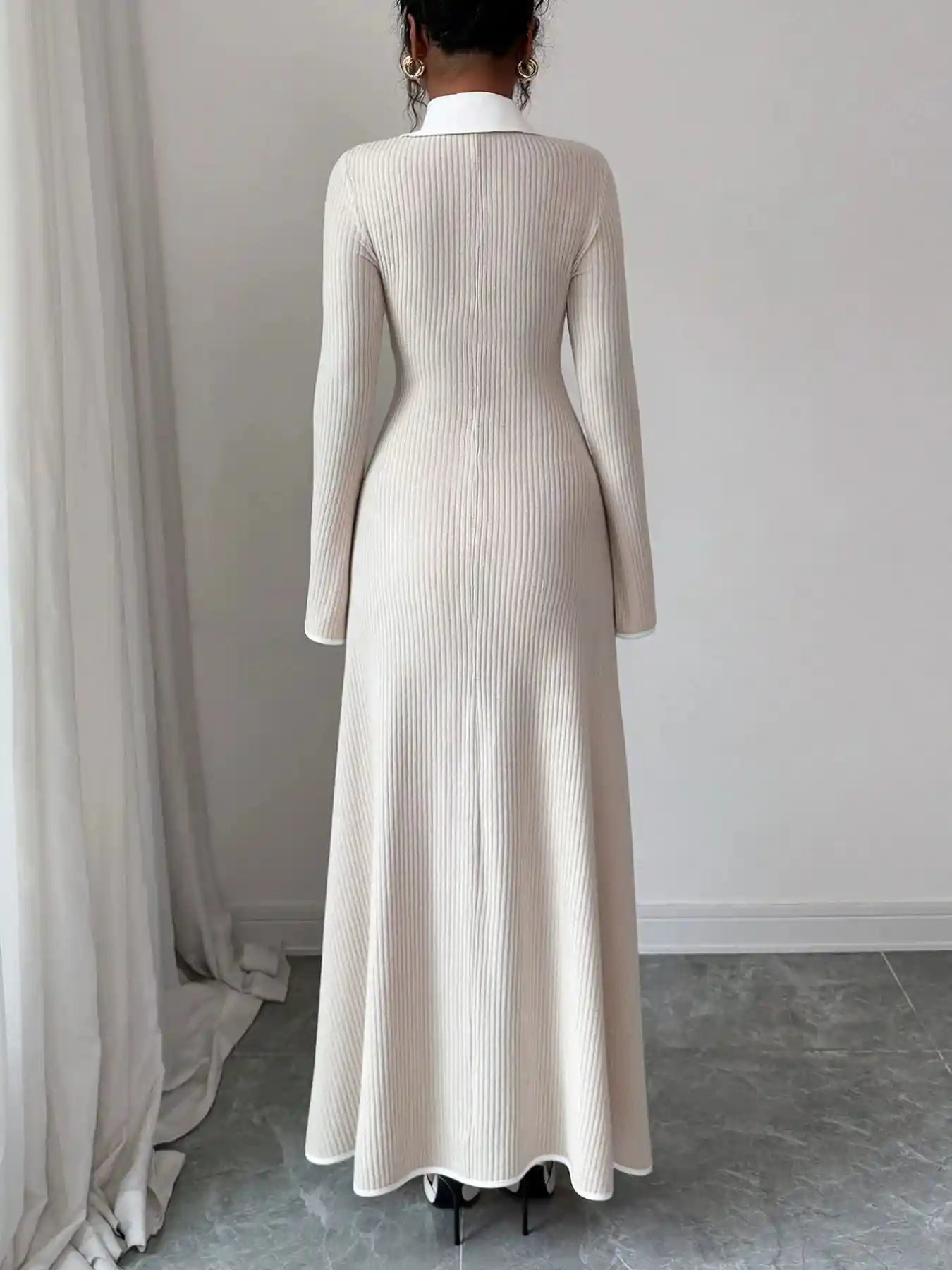 Ribbed Knit Long Sleeve Maxi Dress with Collar.