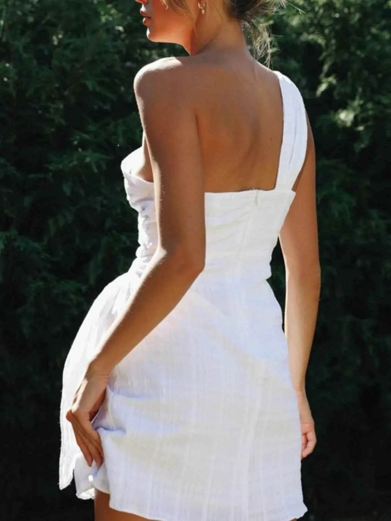 Ruched One-Shoulder Mini Dress.