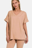 Zenana Full Size V-Neck Rolled Short Sleeve T-Shirt & Leggings Set.