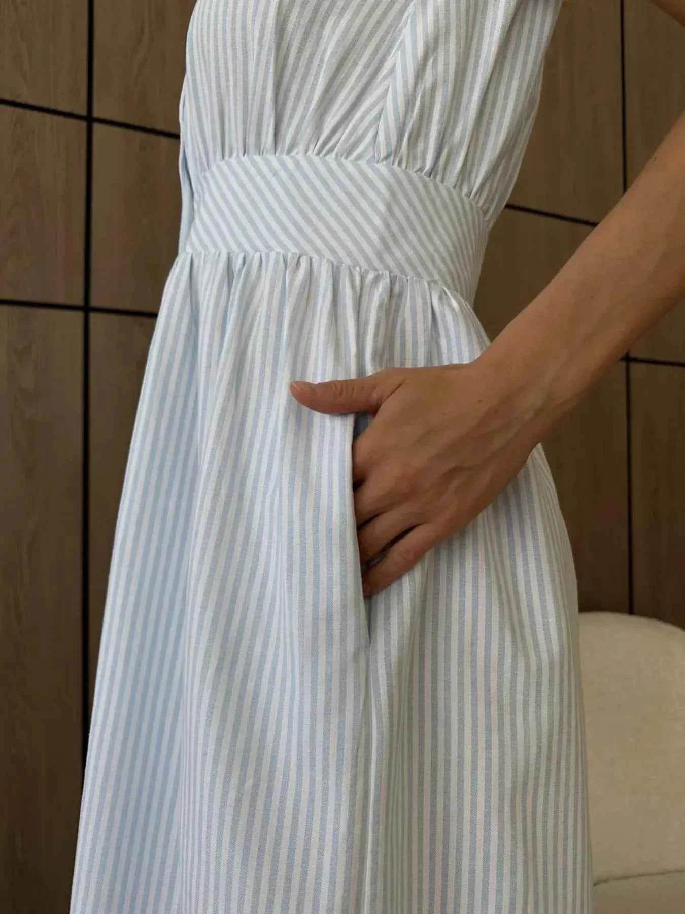 Striped V-Neck Sleeveless Midi Dress.