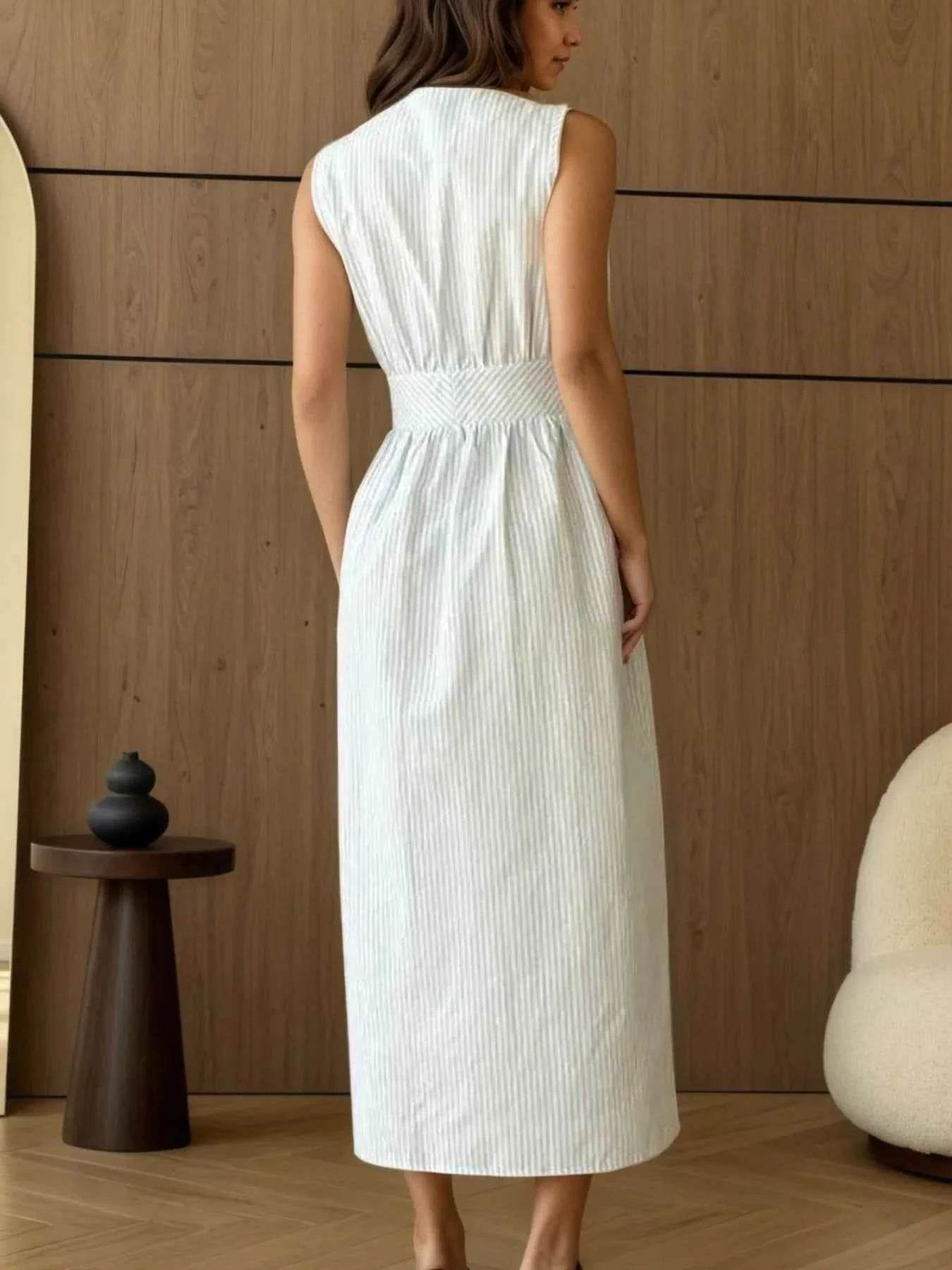 Striped V-Neck Sleeveless Midi Dress.