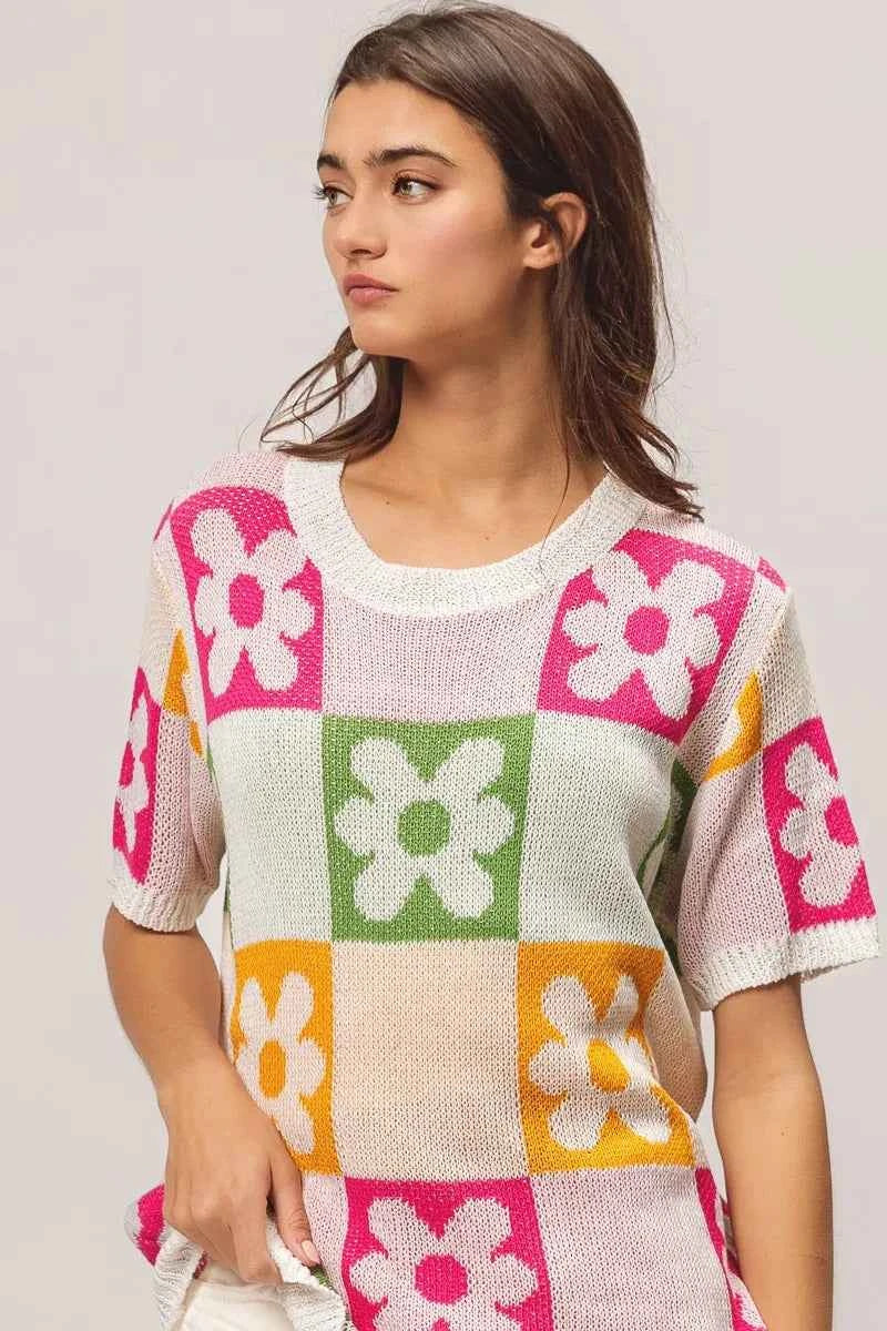 BiBi Floral Checker Pattern Lightweight Pullover Sweater.