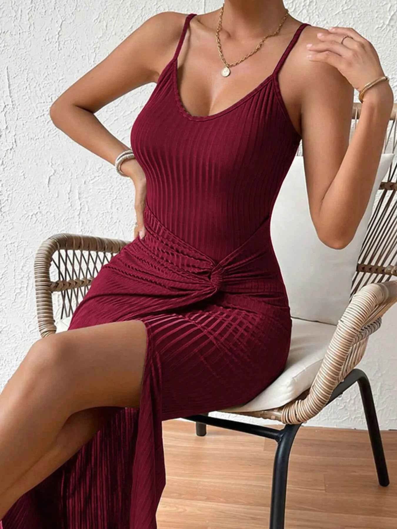 Ribbed Wrap Midi Dress with Side Slit.