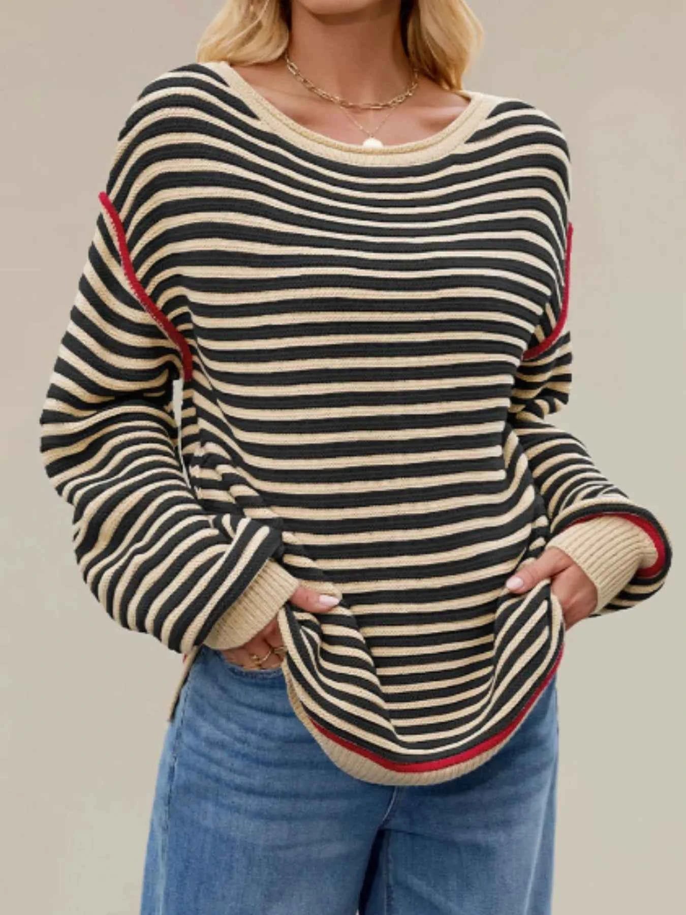 Slit Striped Oversized Sweater.