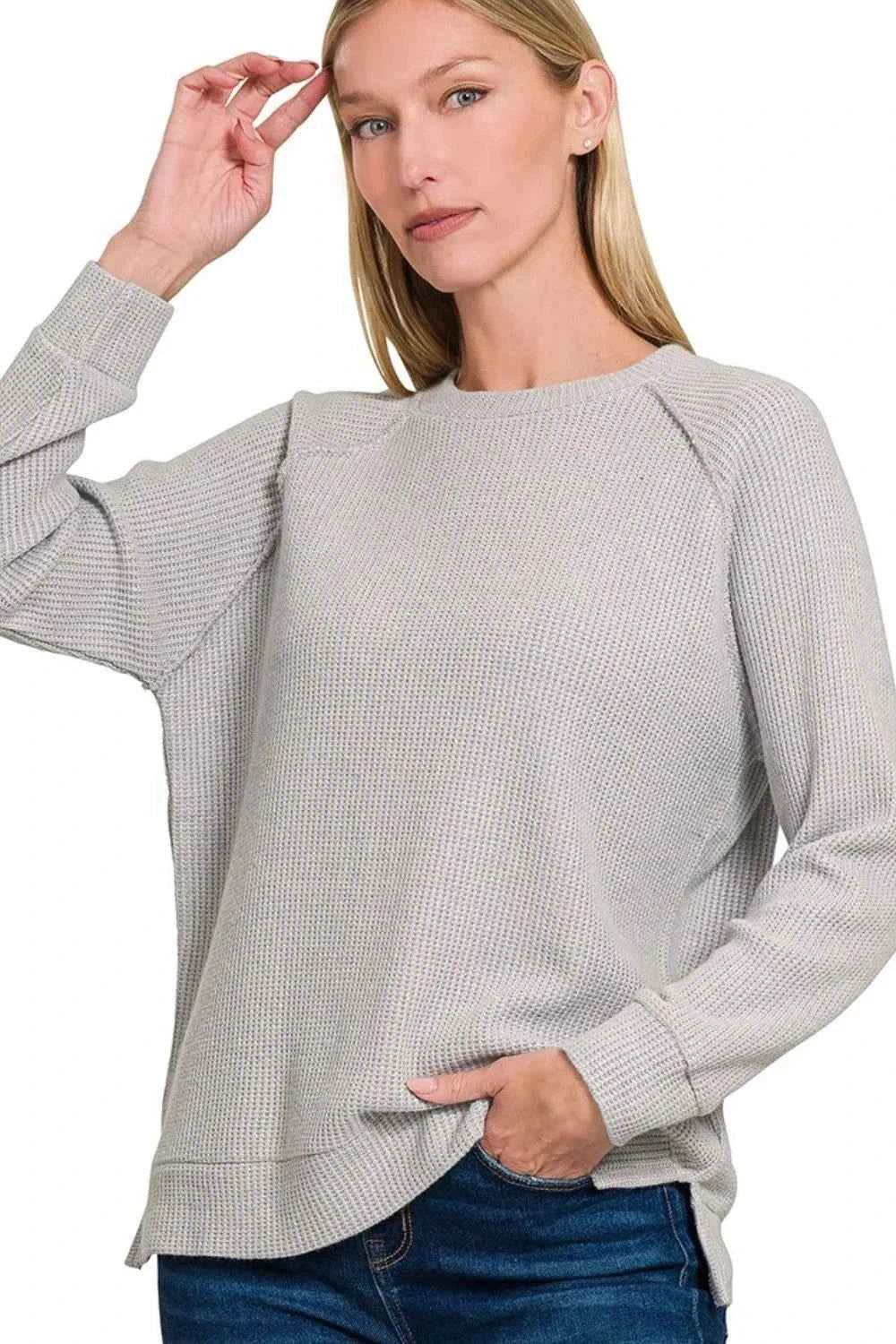 Zenana Waffle Knit Sweater - Cozy Round Neck Raglan Style - EBYNN