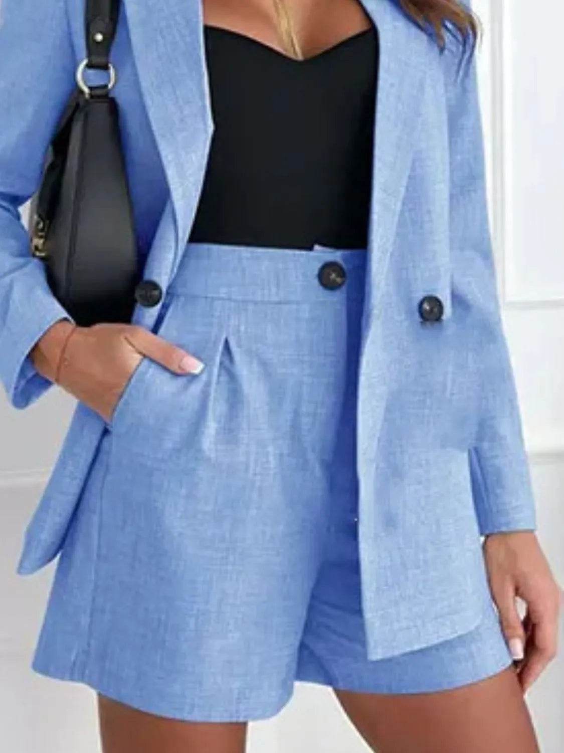 One Button Lapel Collar Blazer and Shorts Set - EBYNN