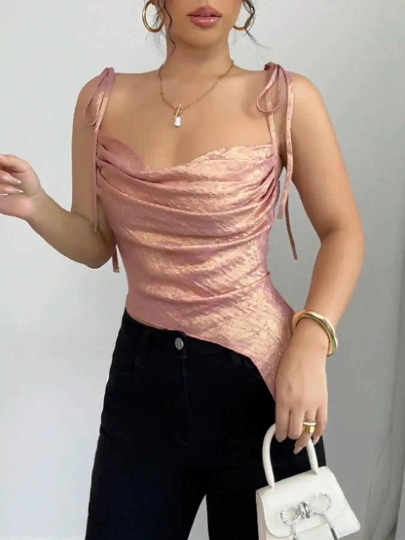 Tie Shoulder Cami Top with Ruched Detail.