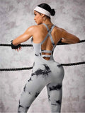 Back Crisscross Tie-Dye Scoop Neck Active Jumpsuit.