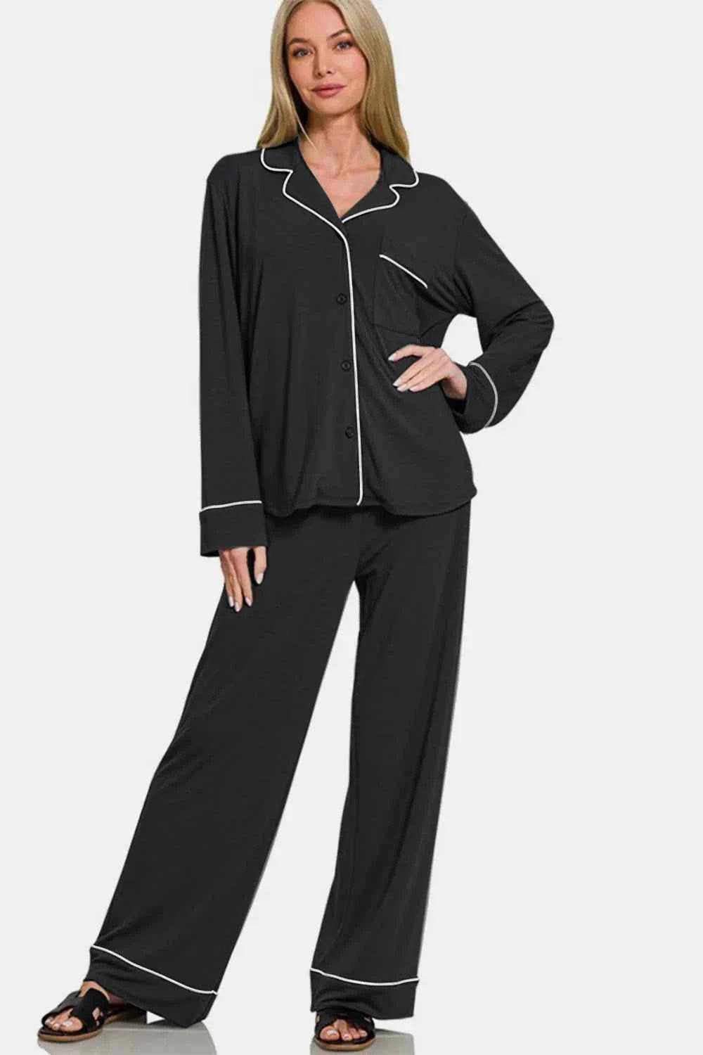 Zenana Cozy Button Down Long Sleeve Top and Pants Set.