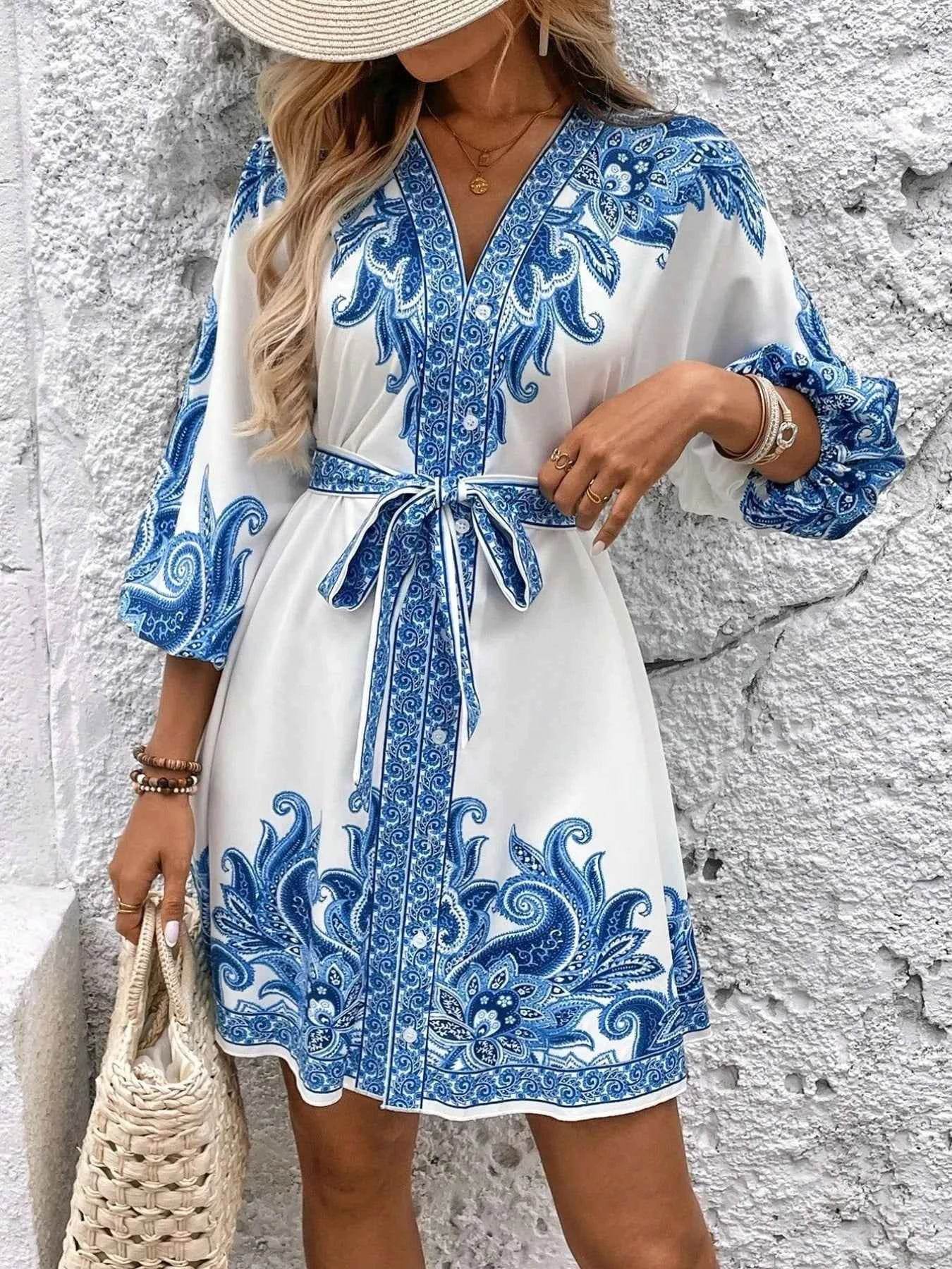Printed V-Neck Balloon Sleeve Mini Dress.