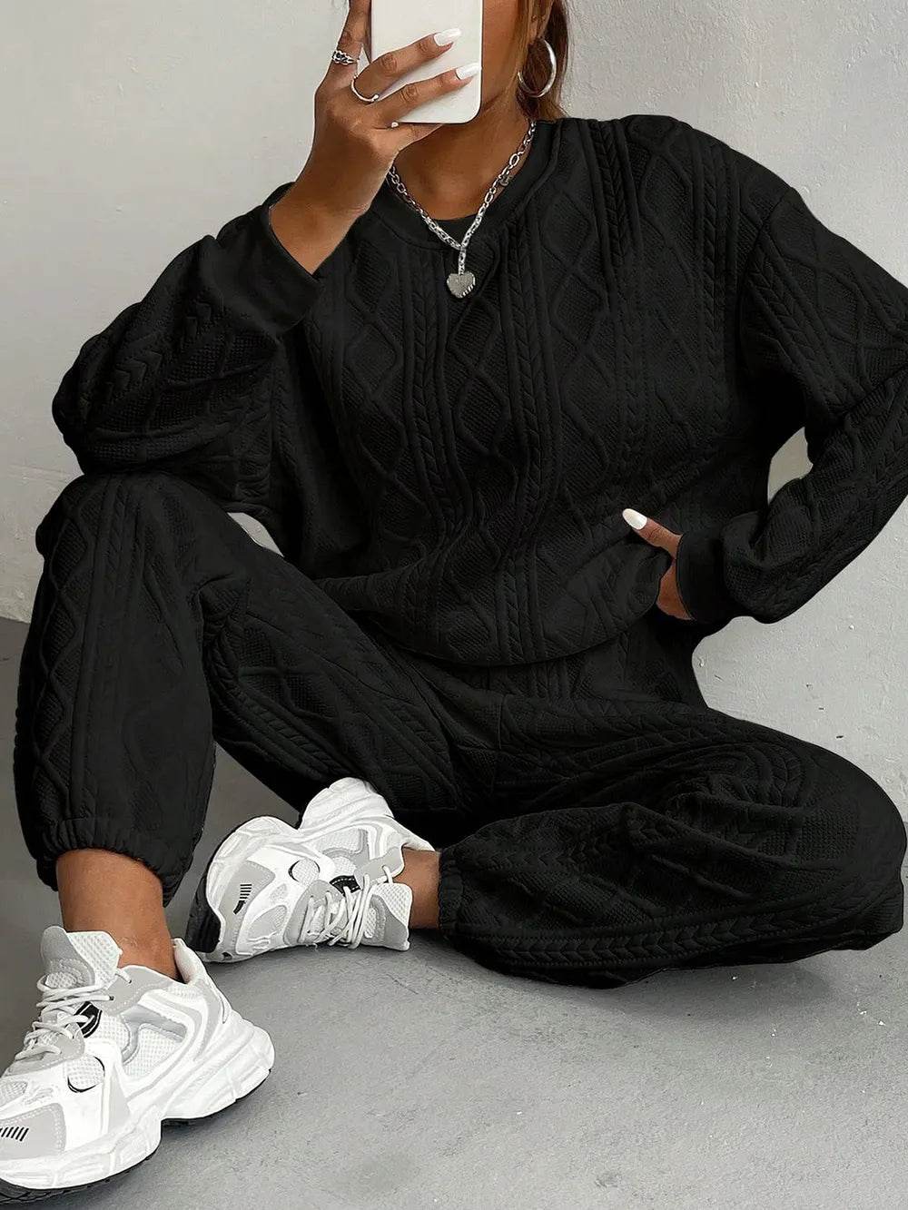 Texture Round Neck Top and Pants Set.