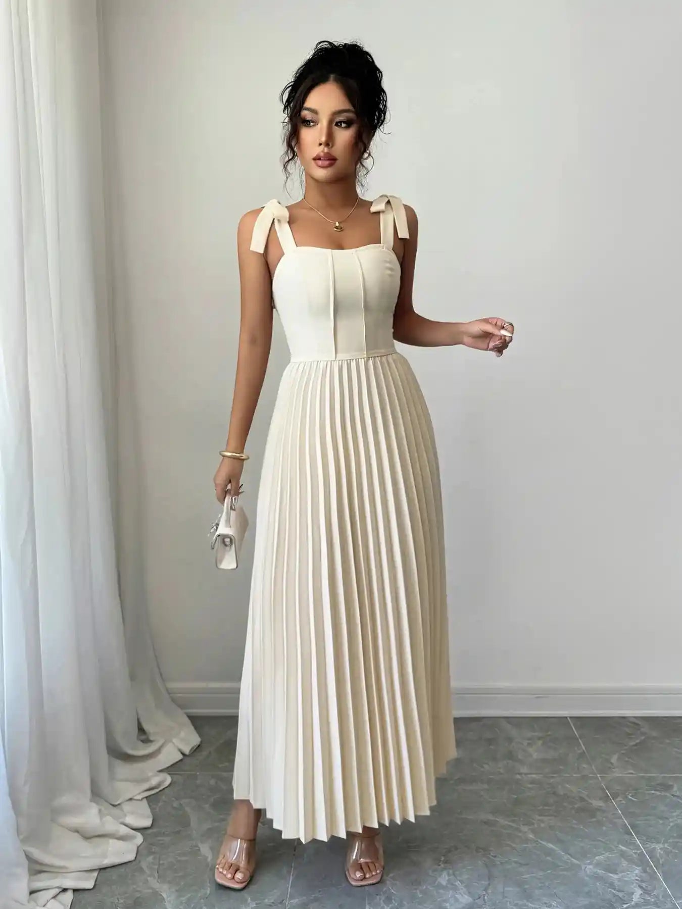 Pleated Tie-Shoulder Maxi Dress.