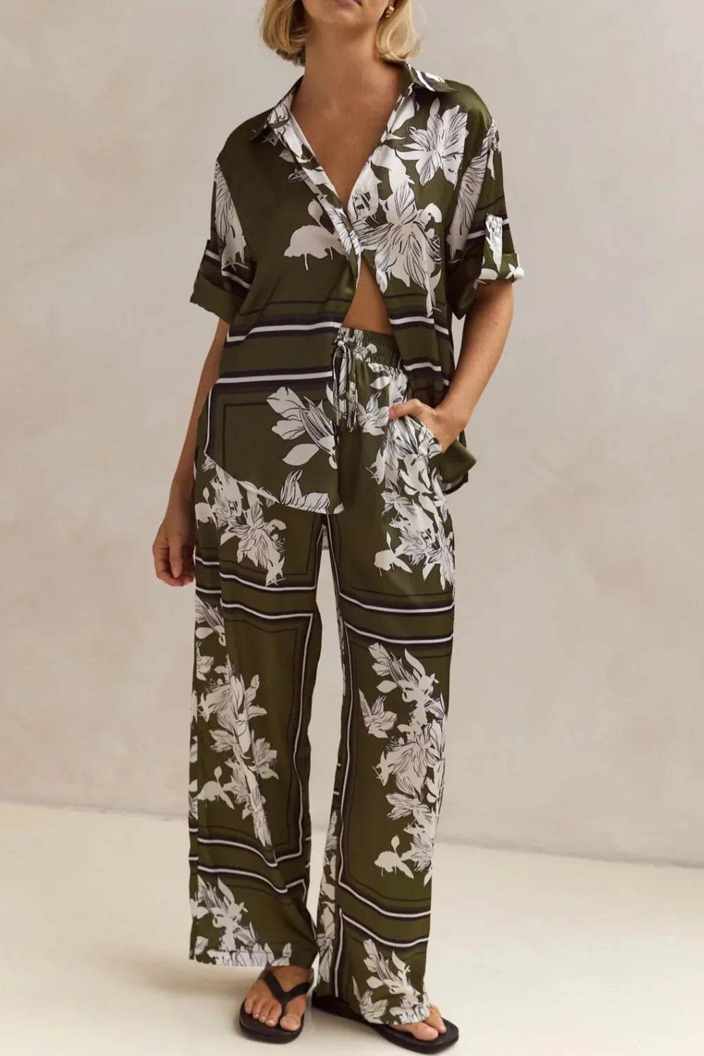 Printed Button Up Shirt and Pants Set - EBYNN