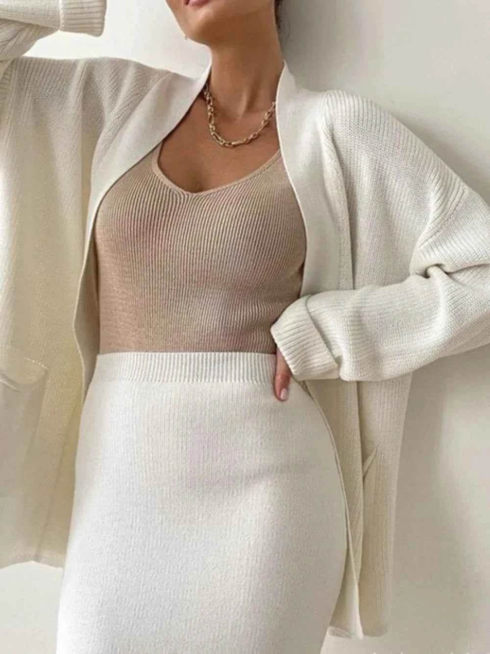 Pocketed Long Sleeve Cardigan and Skirt Sweater Set.