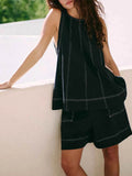 Casual Contrast Stitch Denim Tank Top & Shorts Set - EBYNN
