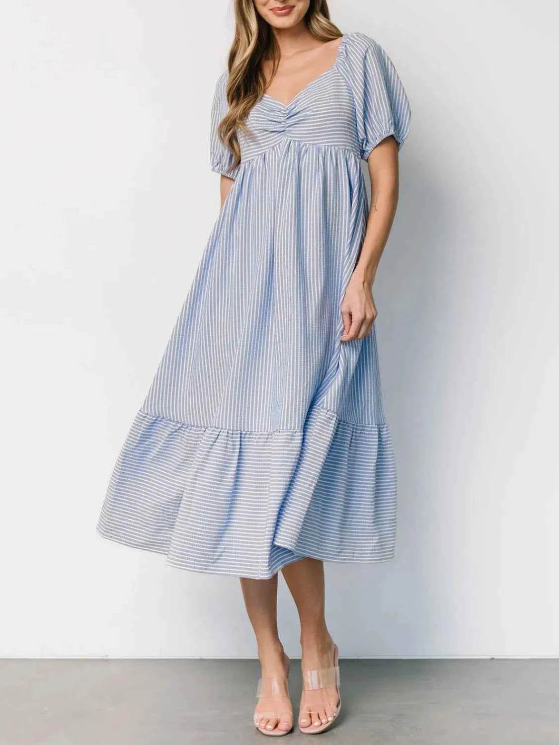 Striped Sweetheart Neck Puff Sleeve Midi Dress.