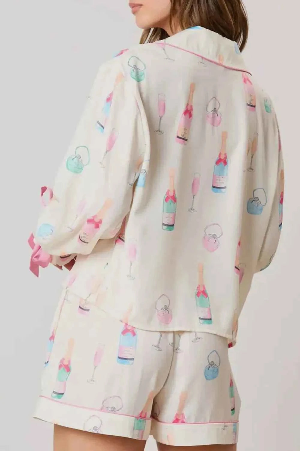 Bow Printed Collared Neck Top & Drawstring Shorts Set.