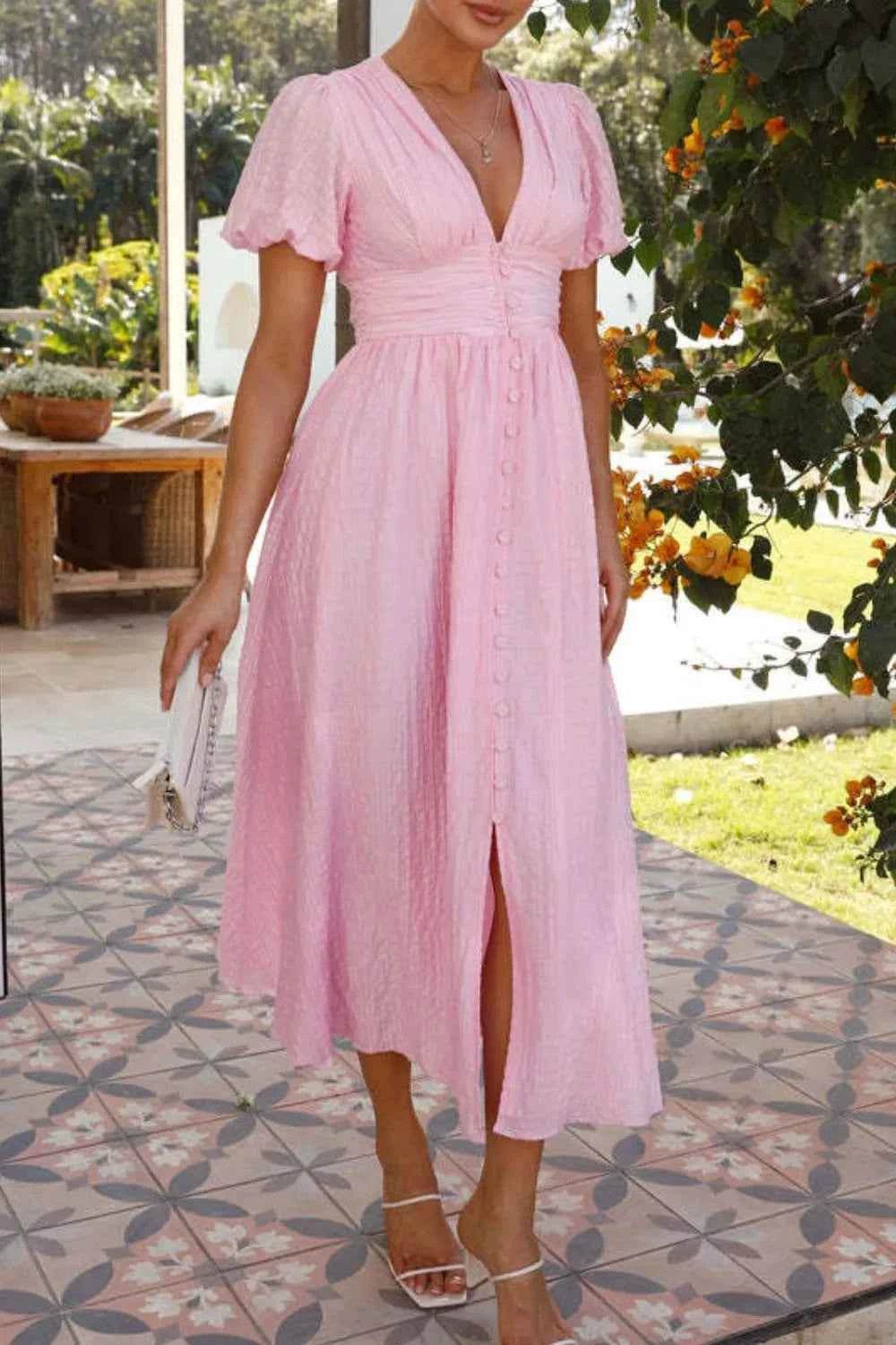 V-Neck Puff Short Sleeve Midi Dress.