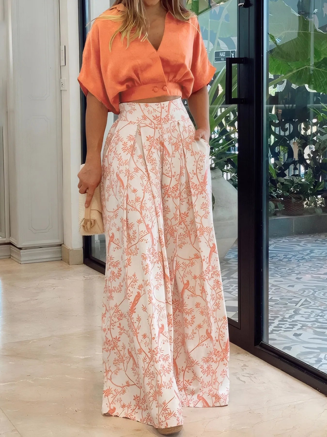 Surplice Top and High Waist Pants Set.