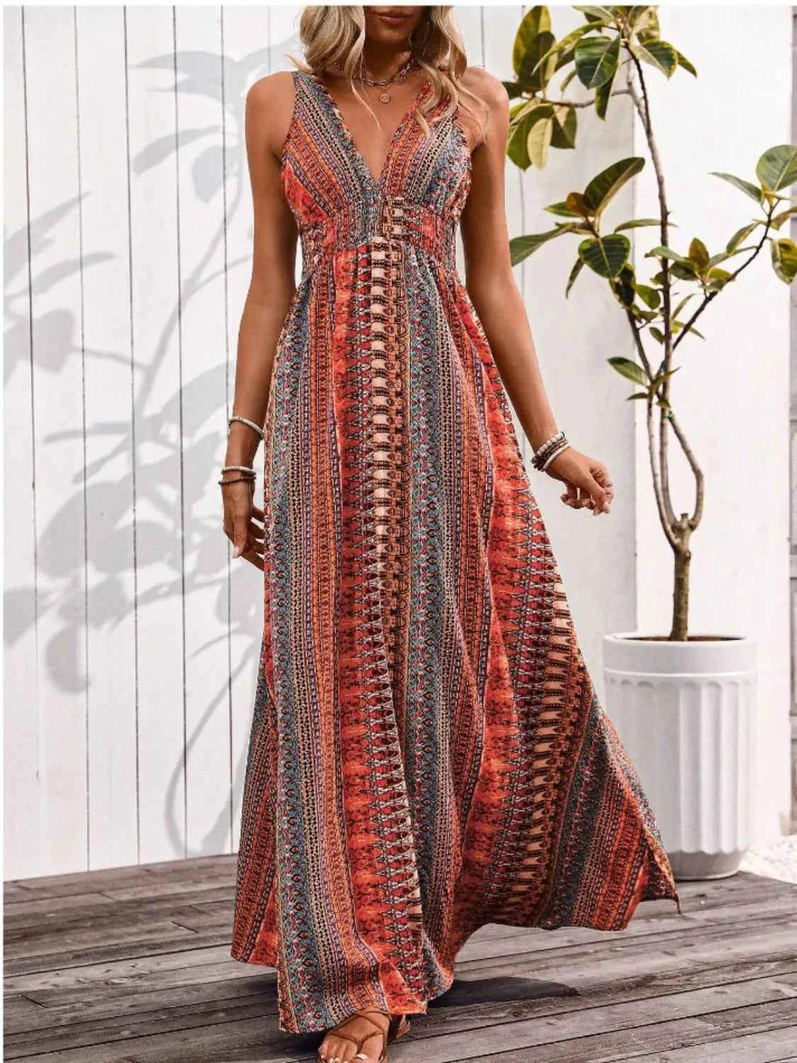Tied Back Printed Sleeveless Maxi Dress with Slit.