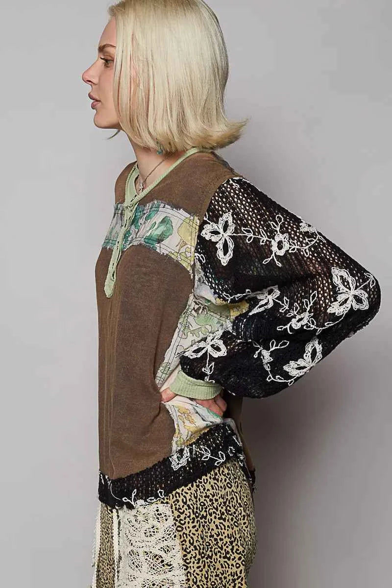 Floral Patchwork Crochet Sleeve Oversized Blouse.