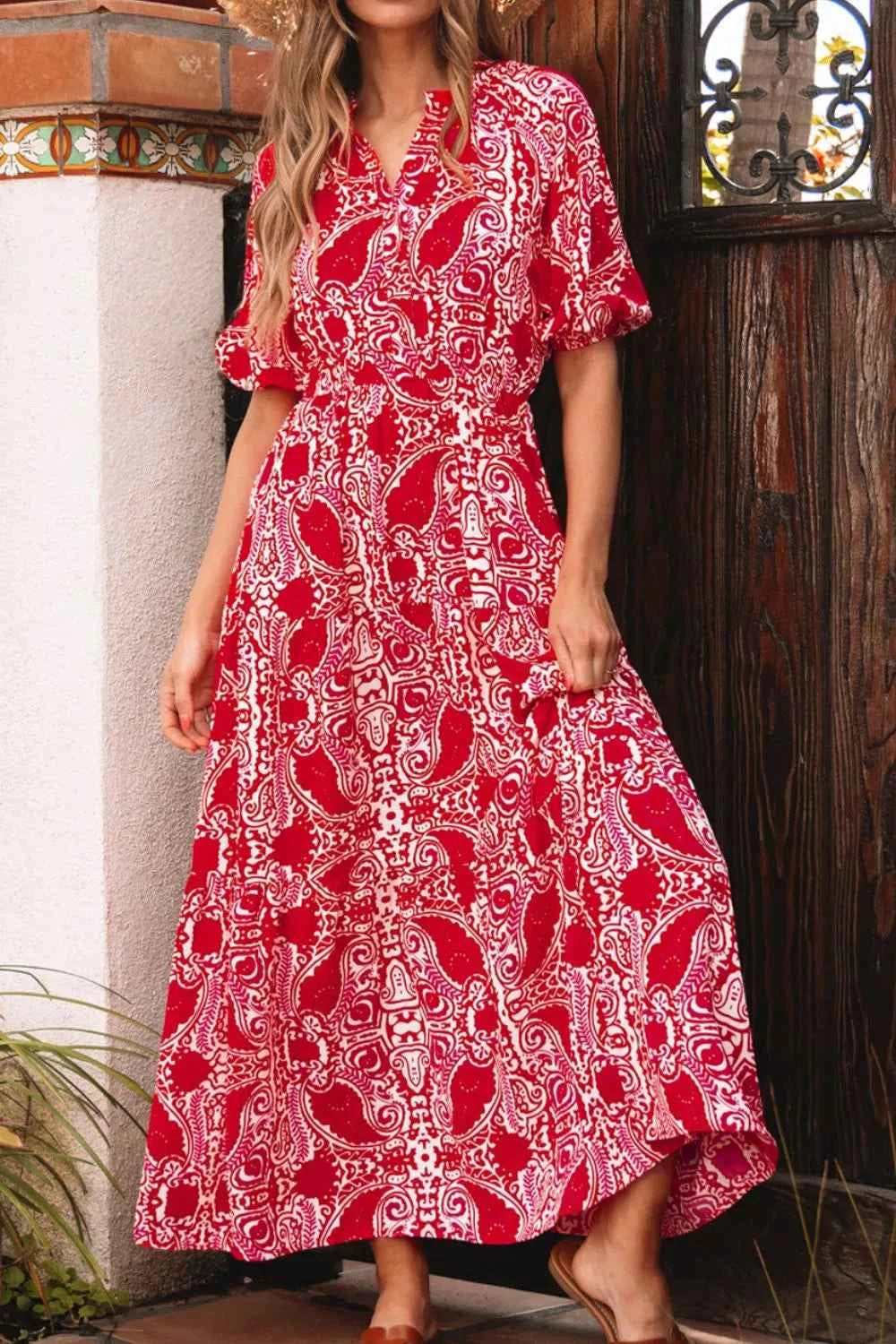 Paisley Print Puff Sleeve High Waist Maxi Dress.