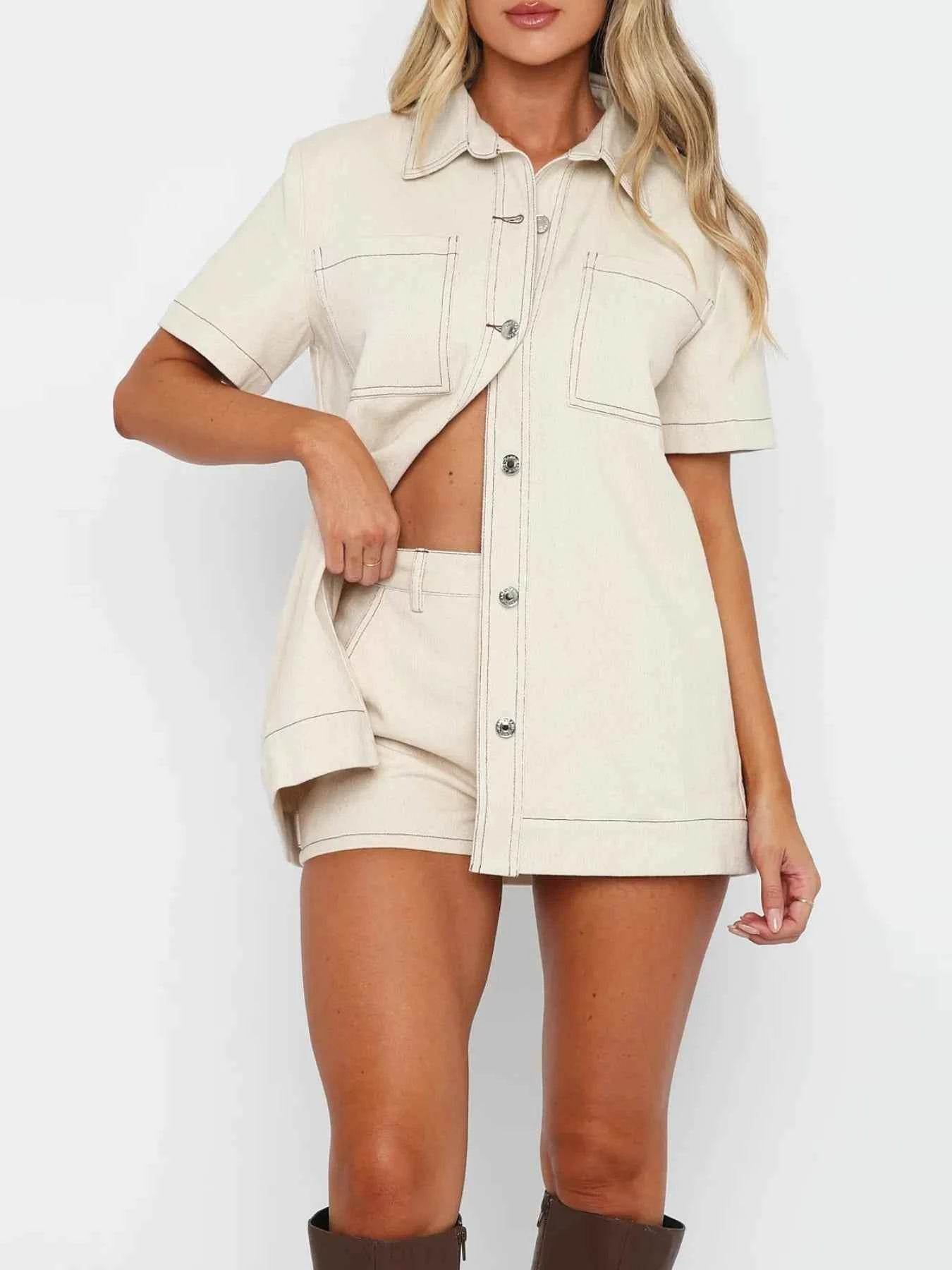 Button Up Denim Set: Short Sleeve Top and Shorts for Effortless Style - EBYNN