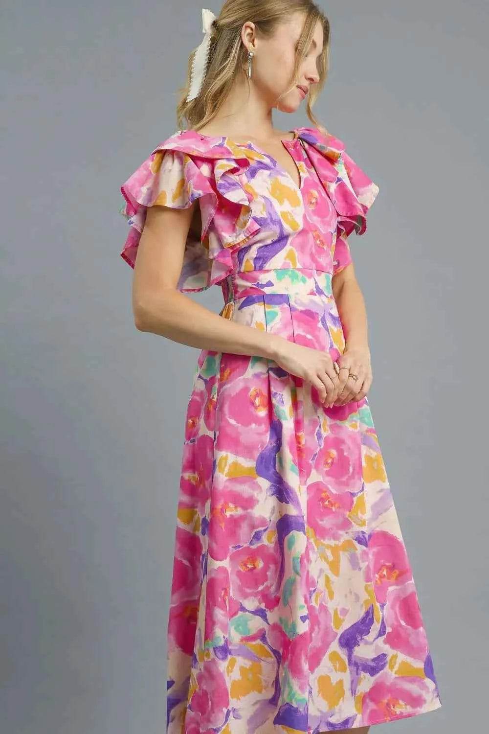 Umgee Floral Ruffled Cap Sleeve Midi Dress.