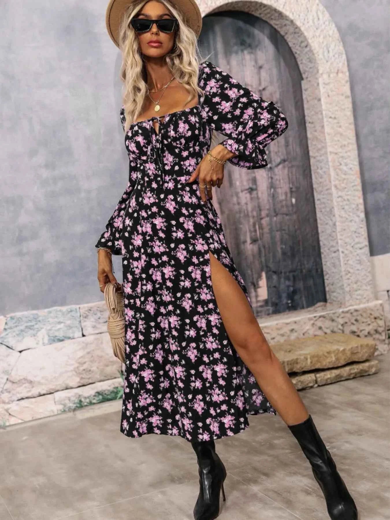 Floral Print Square Neck Dress with Flounce Sleeves.