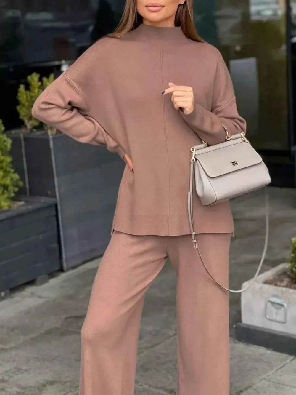 Slit Mock Neck Top and Pants Sweater Set - EBYNN